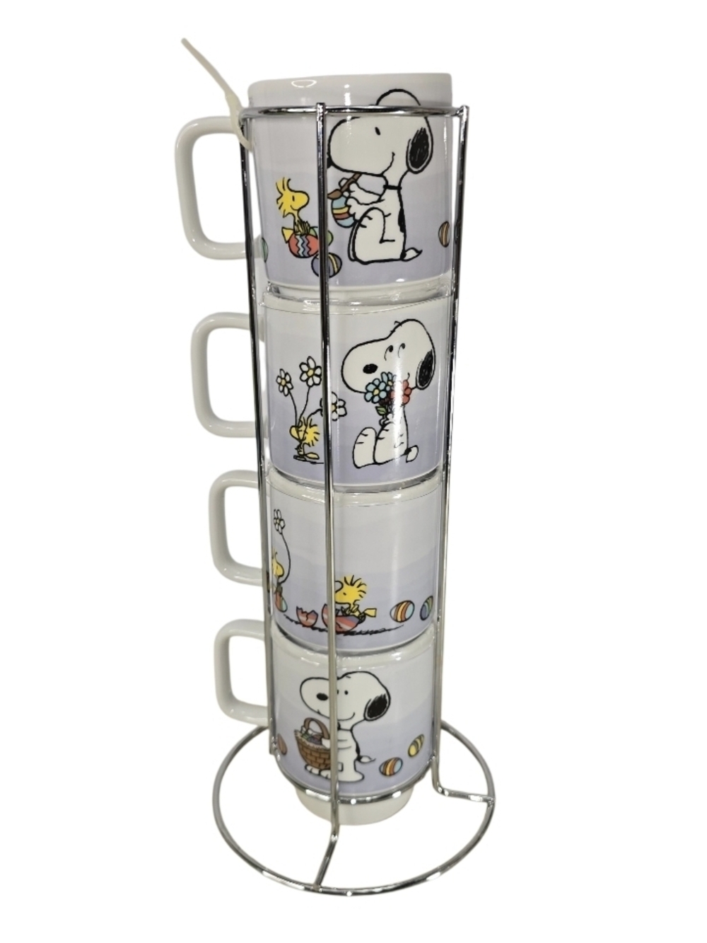 Snoopy Stackable 12 oz  Mug Set 4 Peanuts Gang w/Metal Stand Rack Coffee Cup